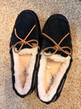 UGG Black Suede Moccasin Slippers with Chestnut Trim